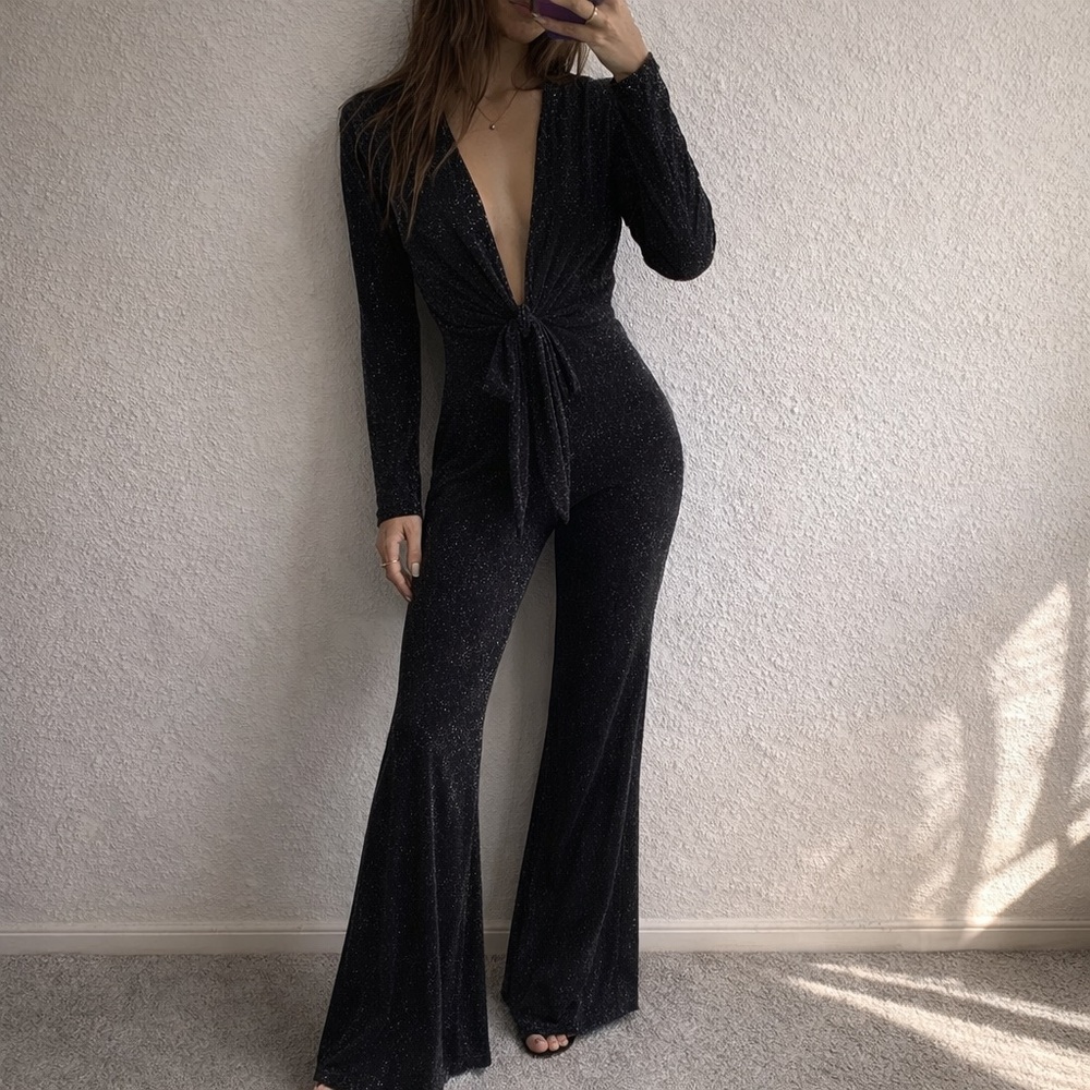 Show Me Your MuMu Black Sparkle Tie-Front Long-Sleeve Jumpsuit
